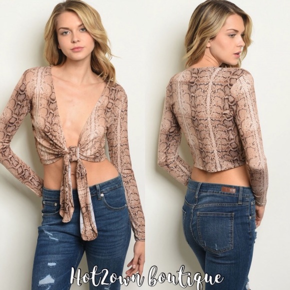 Hot2own Boutique Tops - NEW Brown Snakeskin Animal Print Long Sleeve Crop